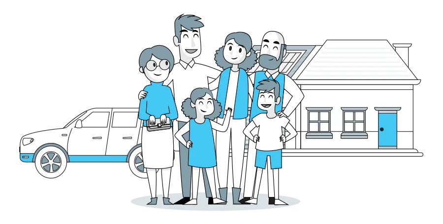 Illustration of personal insurance: a family with their home and car